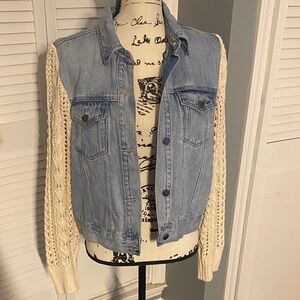 Twelve by Twelve Blue Jean Jacket with Cream Knit Sleeves